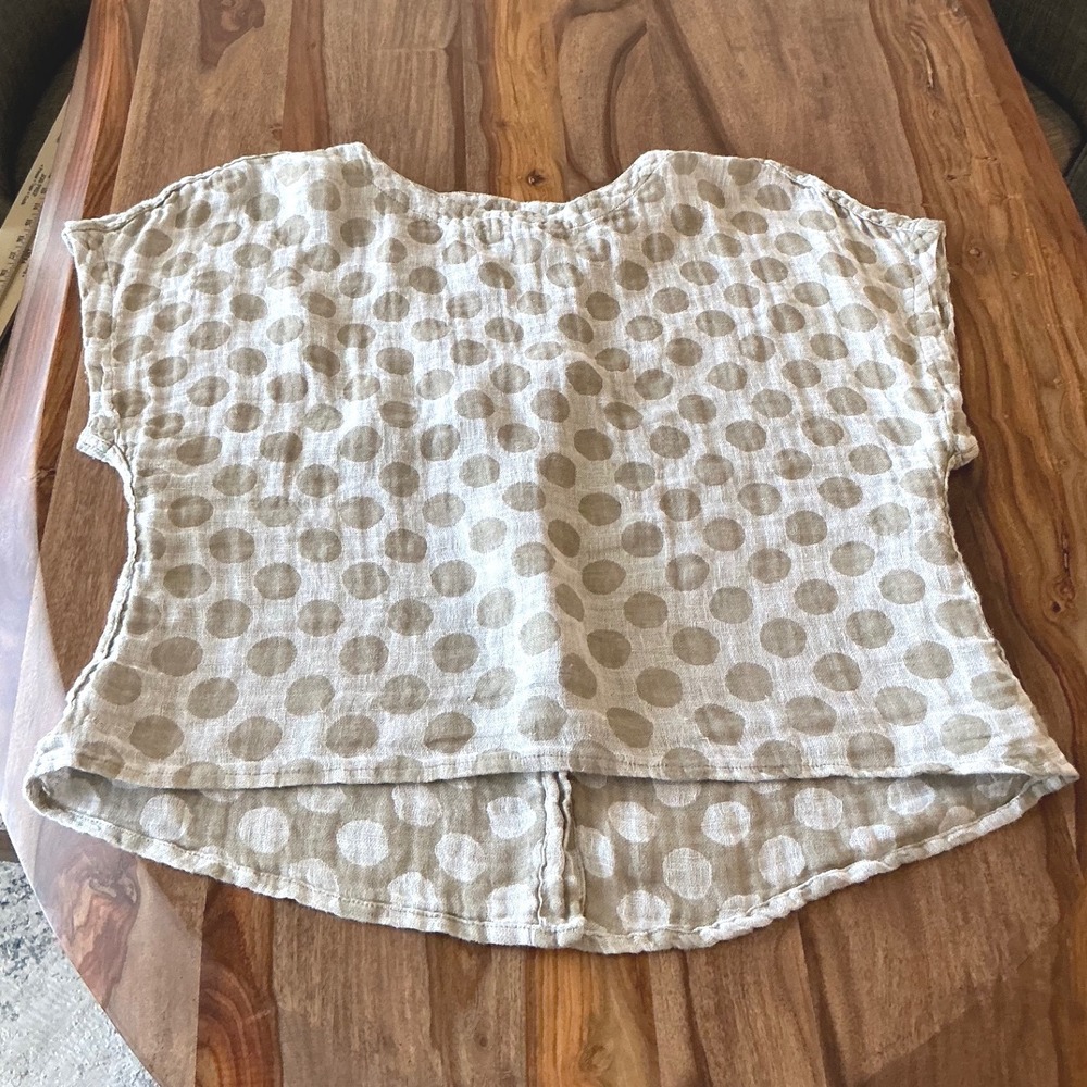 FLAX Linen Polka Dot Boxy Top Small Taupe Lagenlook Artsy Short Sleeve - Picture 7 of 11